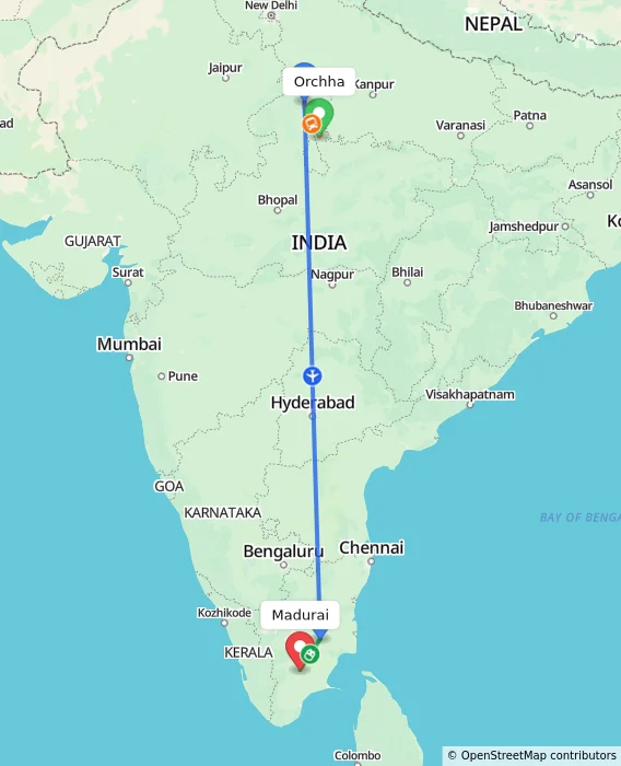 Route map showing distance and travel time from Orchha, India to Madurai, India