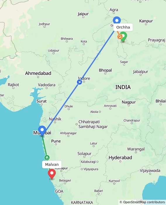 Route map showing distance and travel time from Orchha, India to Malvan, India