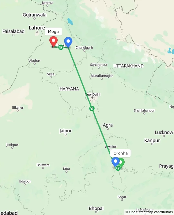Route map showing distance and travel time from Orchha, India to Moga, India