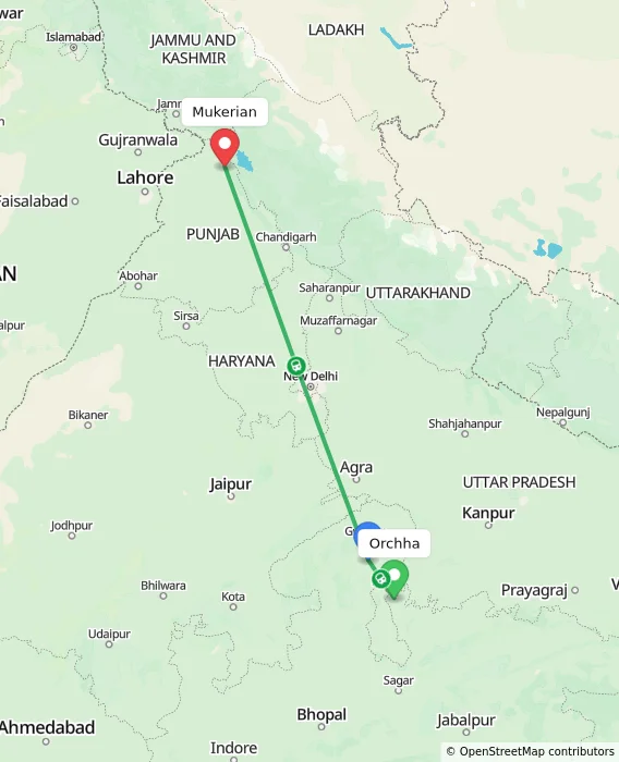 Route map showing distance and travel time from Orchha, India to Mukerian, India