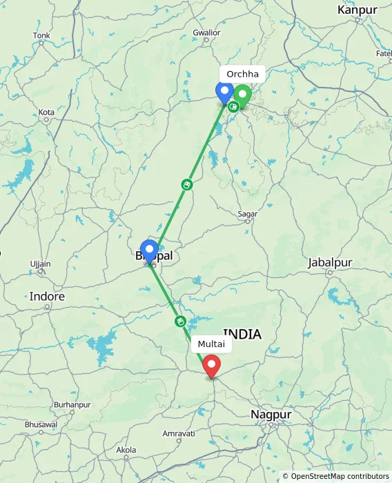 Route map showing distance and travel time from Orchha, India to Multai, India