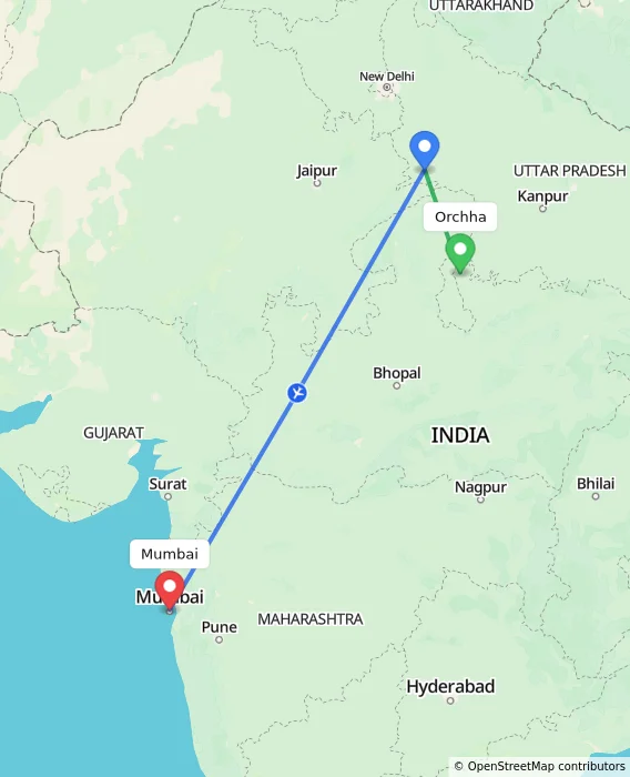 Route map showing distance and travel time from Orchha, India to Mumbai, India