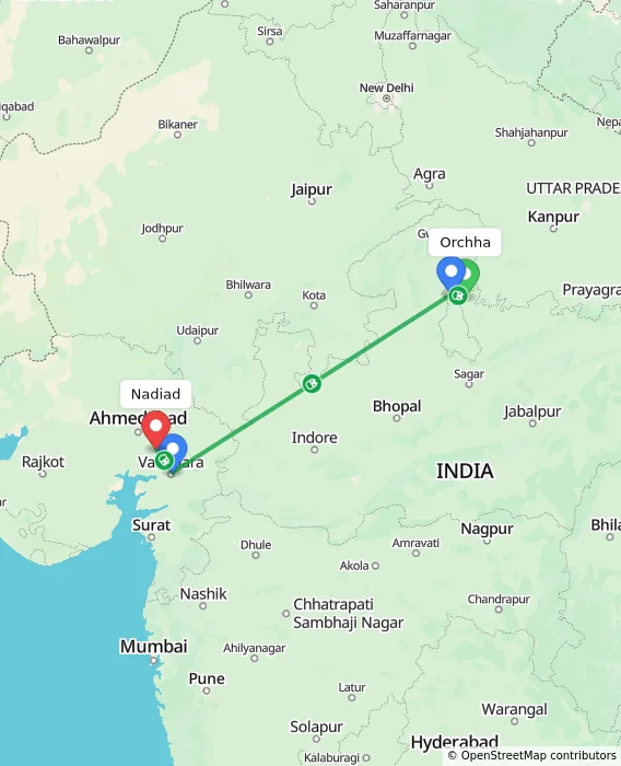 Route map showing distance and travel time from Orchha, India to Nadiad, India