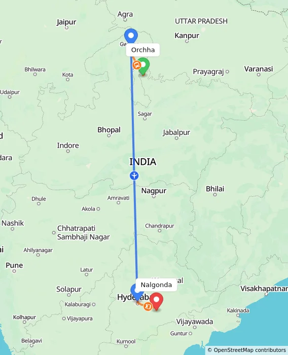 Route map showing distance and travel time from Orchha, India to Nalgonda, India