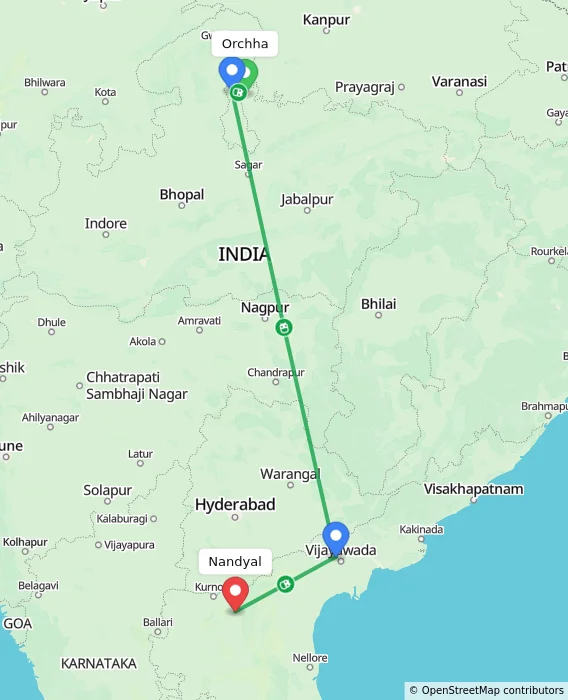 Route map showing distance and travel time from Orchha, India to Nandyal, India