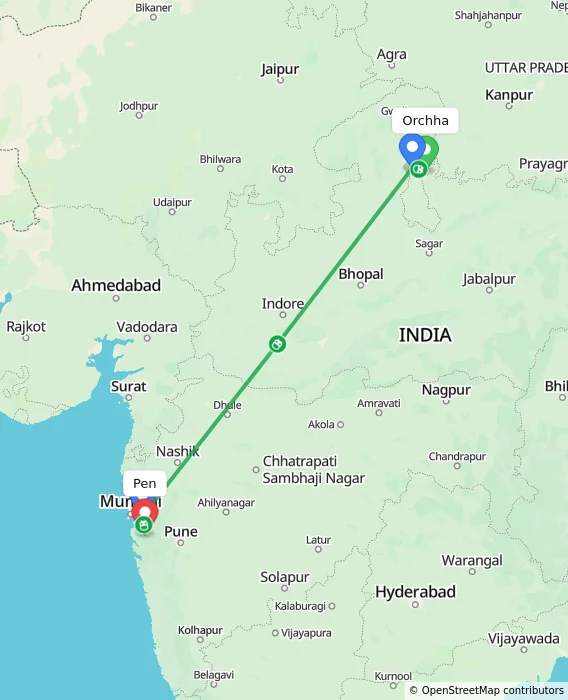 Route map showing distance and travel time from Orchha, India to Pen, India