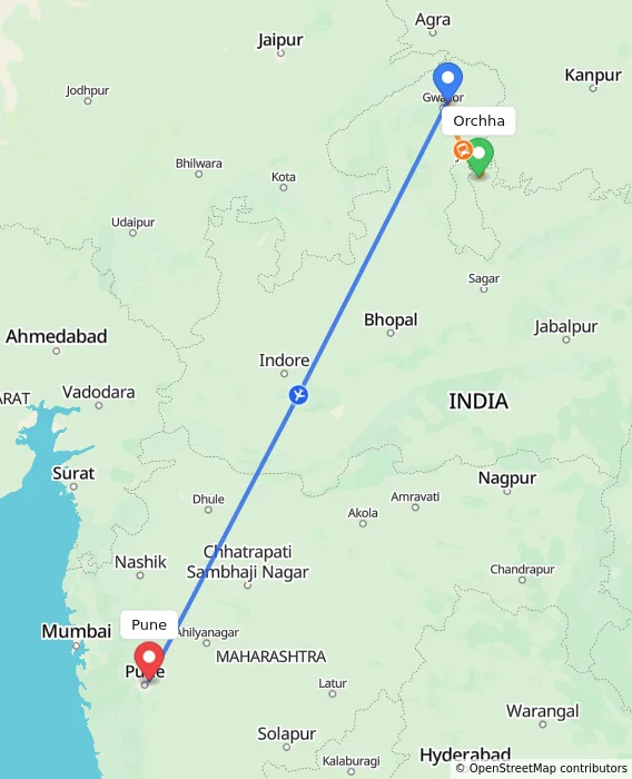 Route map showing distance and travel time from Orchha, India to Pune, India