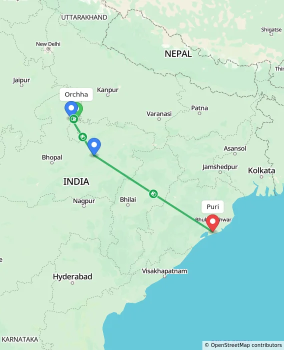 Route map showing distance and travel time from Orchha, India to Puri, India