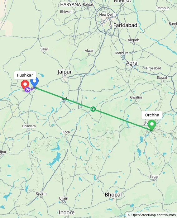 Route map showing distance and travel time from Orchha, India to Pushkar, India