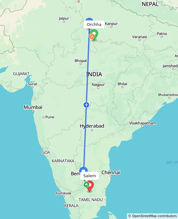 Route map showing distance and travel time from Orchha, India to Salem, India