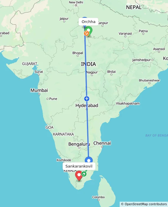 Route map showing distance and travel time from Orchha, India to Sankarankovil, India