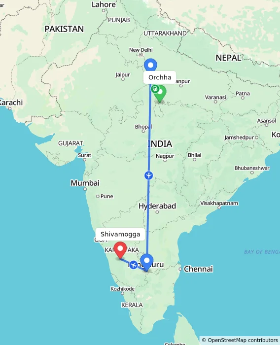 Route map showing distance and travel time from Orchha, India to Shivamogga, India