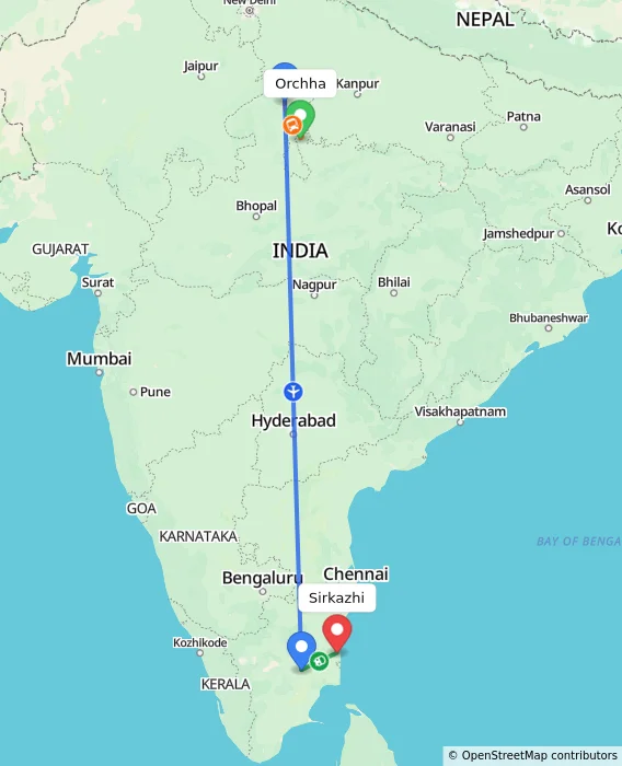 Route map showing distance and travel time from Orchha, India to Sirkazhi, India