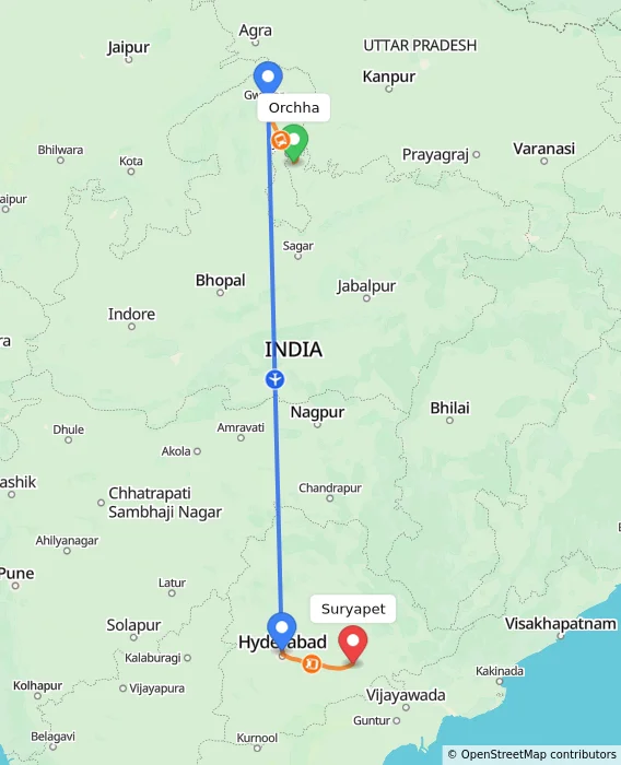 Route map showing distance and travel time from Orchha, India to Suryapet, India