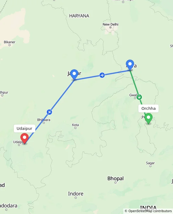 Route map showing distance and travel time from Orchha, India to Udaipur, India