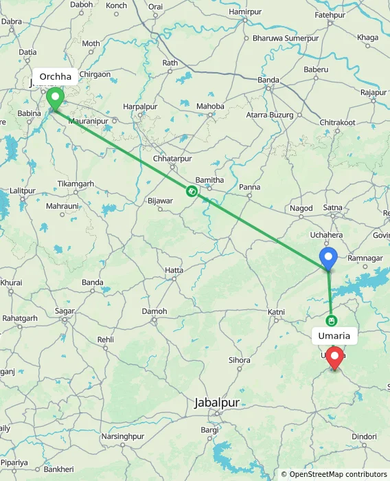 Route map showing distance and travel time from Orchha, India to Umaria, India