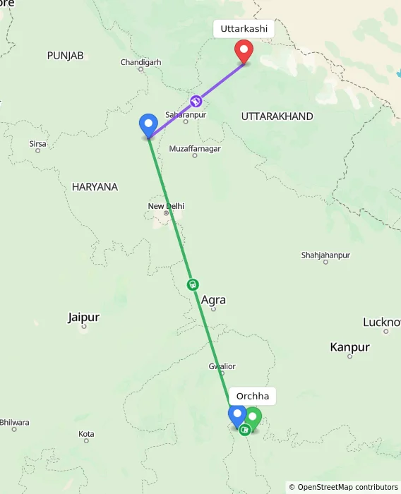 Route map showing distance and travel time from Orchha, India to Uttarkashi, India