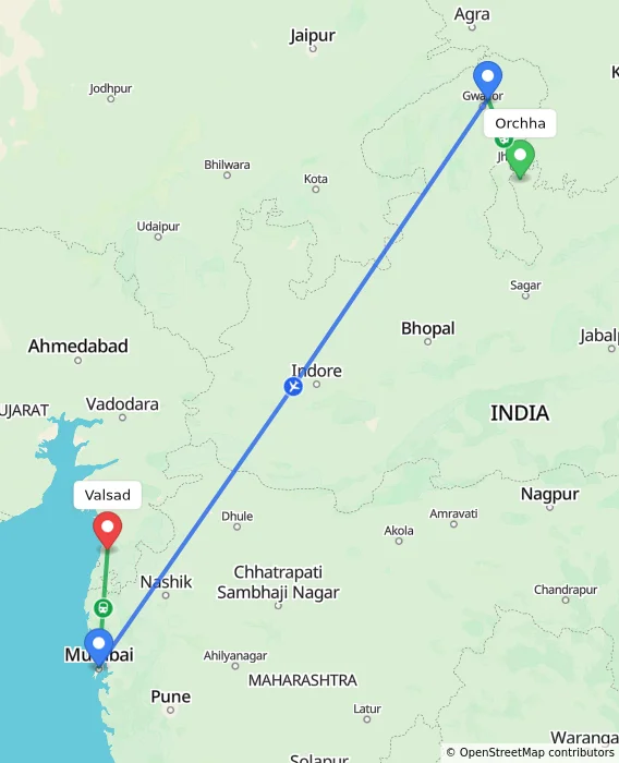 Route map showing distance and travel time from Orchha, India to Valsad, India