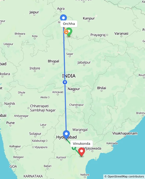 Route map showing distance and travel time from Orchha, India to Vinukonda, India
