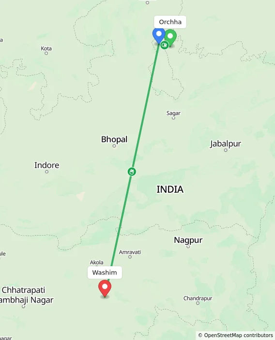 Route map showing distance and travel time from Orchha, India to Washim, India