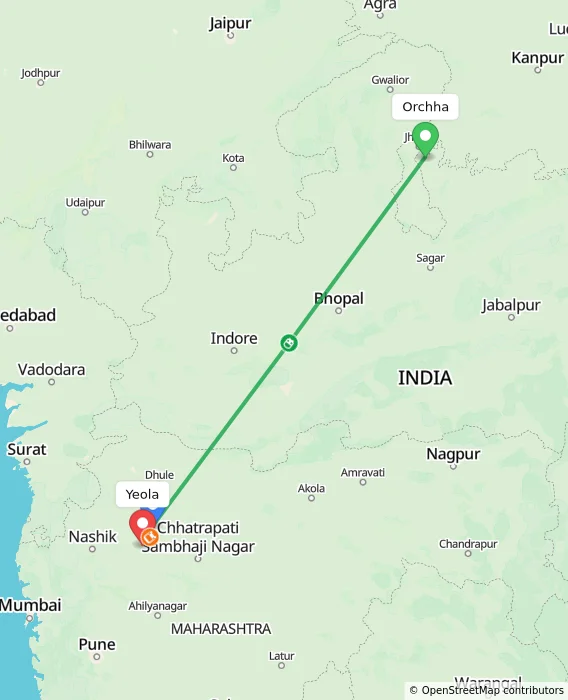 Route map showing distance and travel time from Orchha, India to Yeola, India