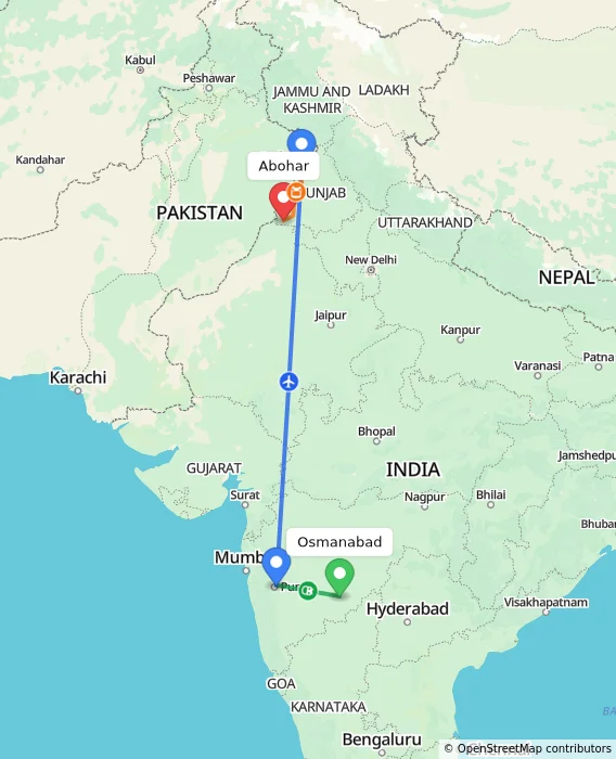 Route map showing distance and travel time from Osmanabad, India to Abohar, India