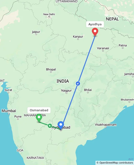Route map showing distance and travel time from Osmanabad, India to Ayodhya, India