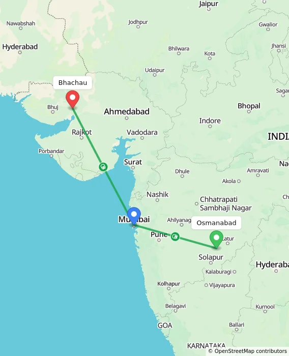Route map showing distance and travel time from Osmanabad, India to Bhachau, India