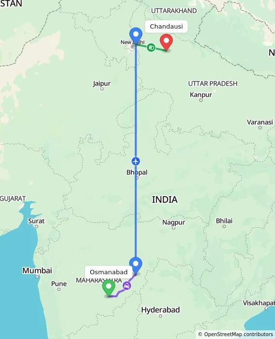 Route map showing distance and travel time from Osmanabad, India to Chandausi, India
