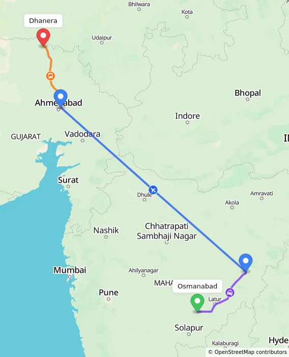 Route map showing distance and travel time from Osmanabad, India to Dhanera, India