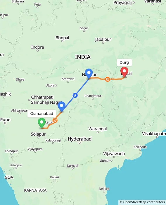 Route map showing distance and travel time from Osmanabad, India to Durg, India