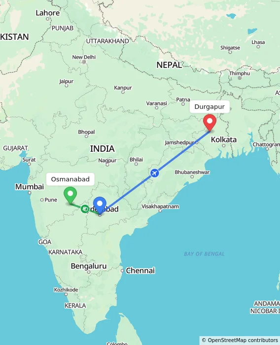 Route map showing distance and travel time from Osmanabad, India to Durgapur, India