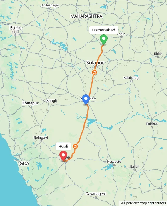Route map showing distance and travel time from Osmanabad, India to Hubli, India