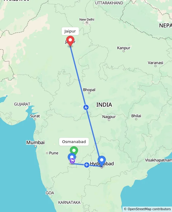 Route map showing distance and travel time from Osmanabad, India to Jaipur, India