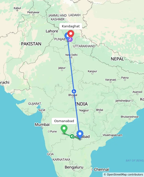 Route map showing distance and travel time from Osmanabad, India to Kandaghat, India