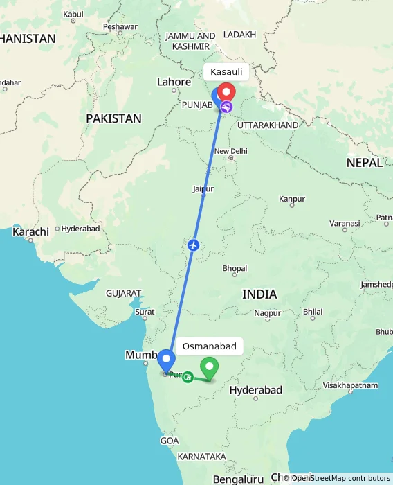 Route map showing distance and travel time from Osmanabad, India to Kasauli, India