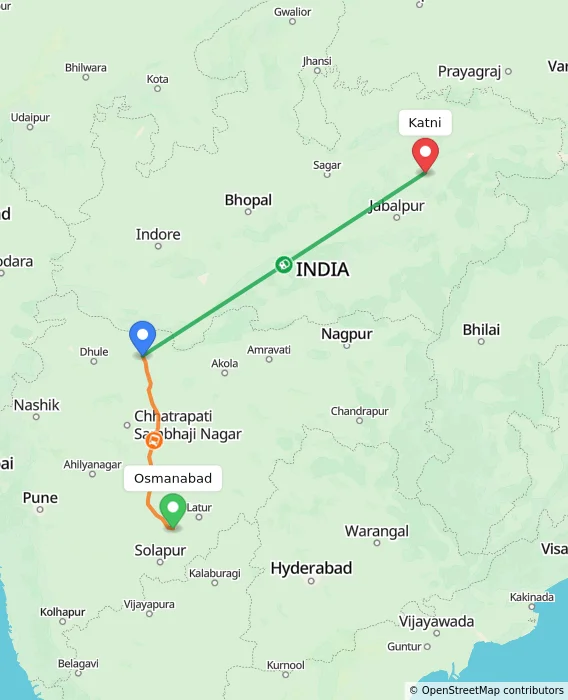 Route map showing distance and travel time from Osmanabad, India to Katni, India