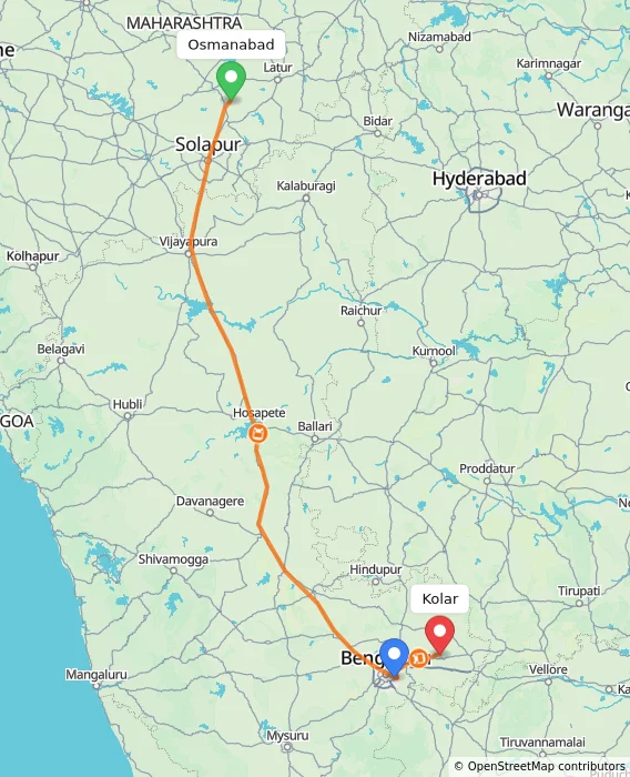 Route map showing distance and travel time from Osmanabad, India to Kolar, India