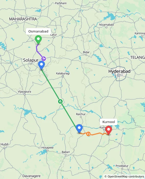 Route map showing distance and travel time from Osmanabad, India to Kurnool, India