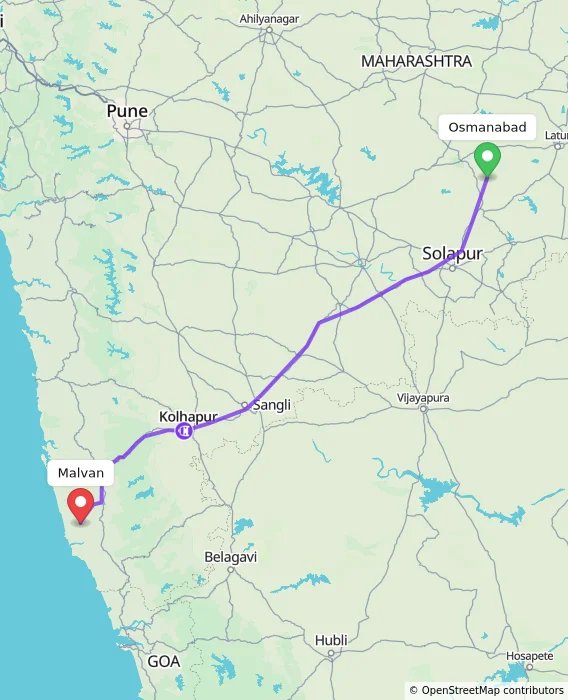 Route map showing distance and travel time from Osmanabad, India to Malvan, India