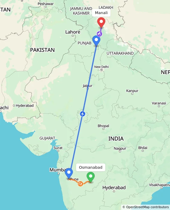 Route map showing distance and travel time from Osmanabad, India to Manali, India