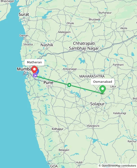 Route map showing distance and travel time from Osmanabad, India to Matheran, India