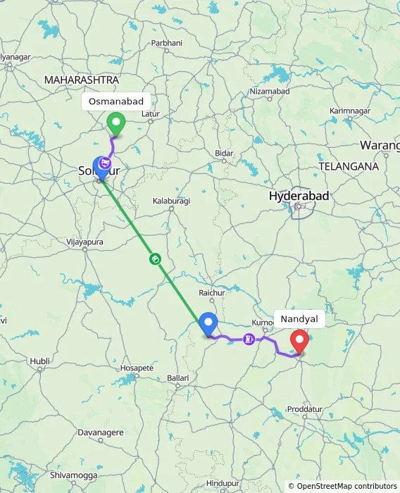 Route map showing distance and travel time from Osmanabad, India to Nandyal, India