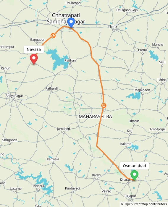 Route map showing distance and travel time from Osmanabad, India to Nevasa, India