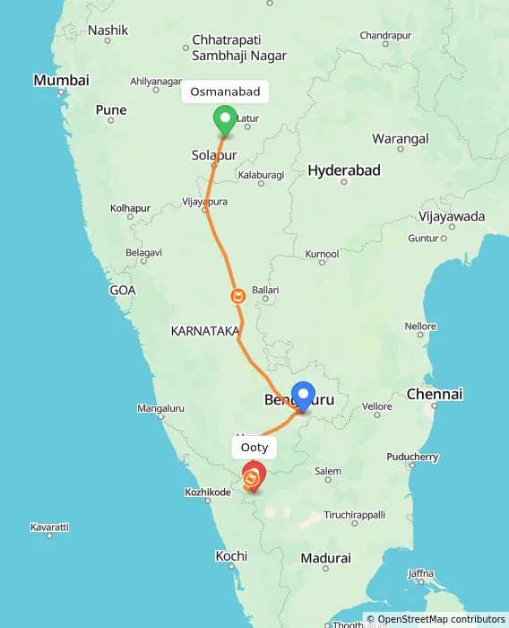 Route map showing distance and travel time from Osmanabad, India to Ooty, India