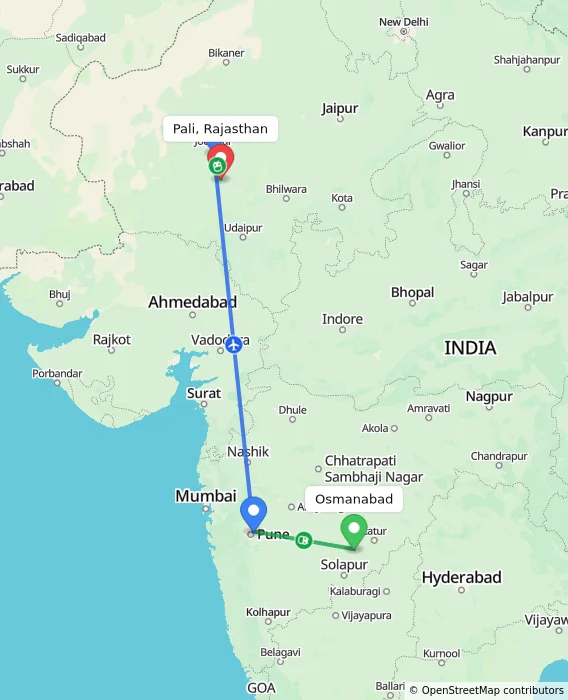 Route map showing distance and travel time from Osmanabad, India to Pali, Rajasthan, India