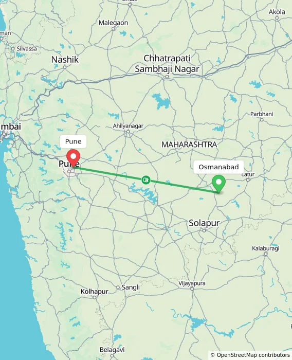 Route map showing distance and travel time from Osmanabad, India to Pune, India