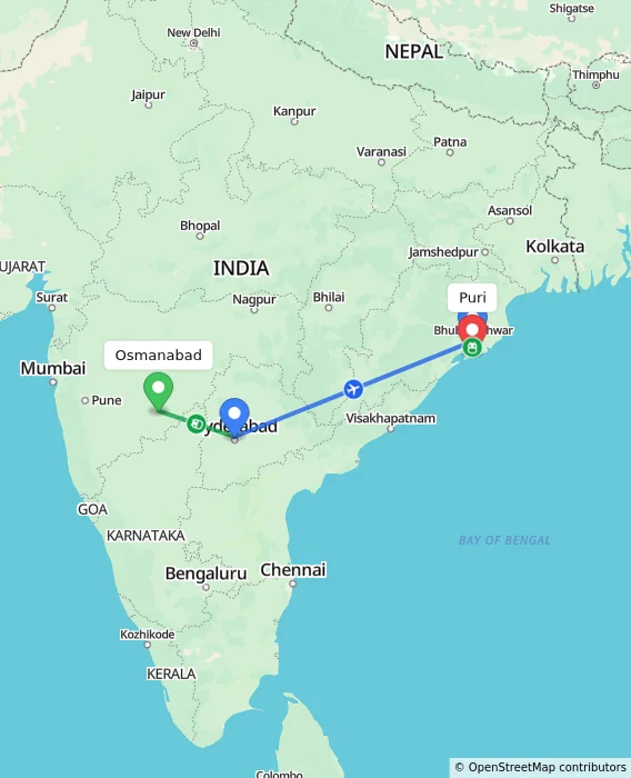 Route map showing distance and travel time from Osmanabad, India to Puri, India