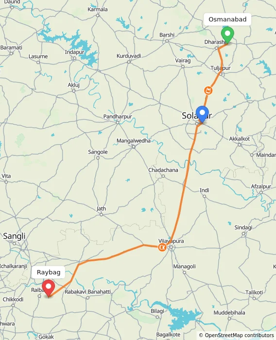 Route map showing distance and travel time from Osmanabad, India to Raybag, India