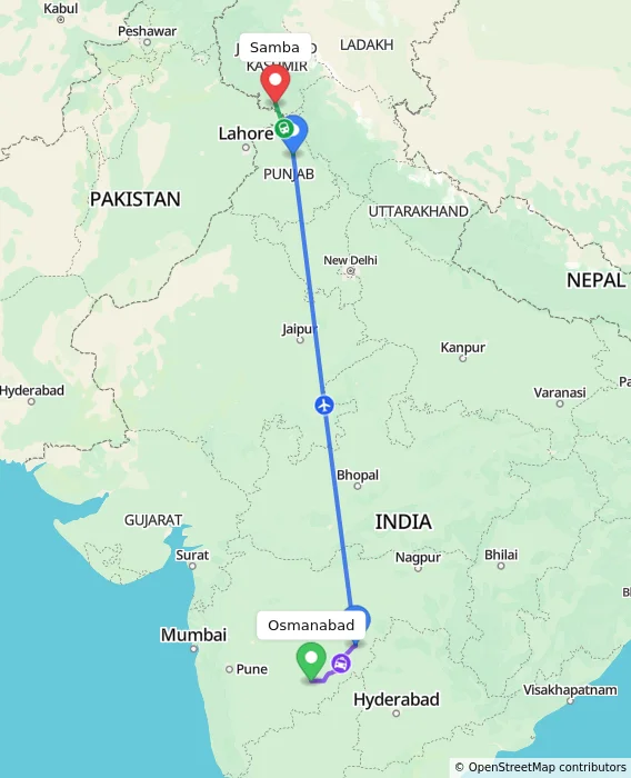 Route map showing distance and travel time from Osmanabad, India to Samba, India